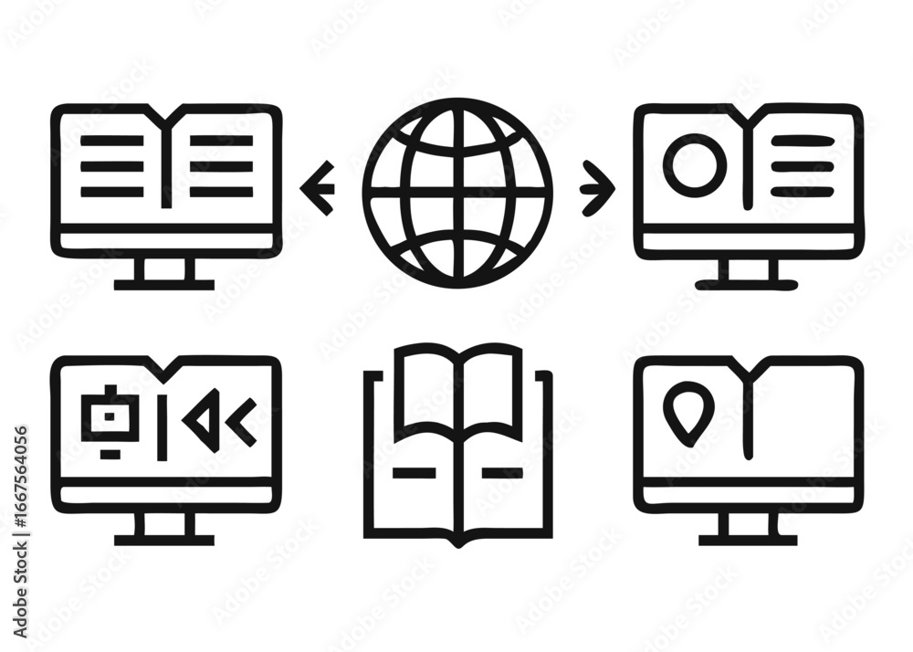 Poster comprehensive collection of thin line icons representing various aspects of modern digital learning 