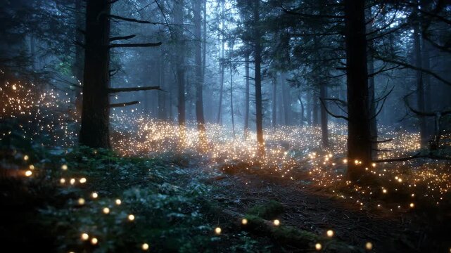 A serene forest path twinkling with numerous lights against a backdrop of mist and trees, inviting viewers to experience the enchanting atmosphere of nature at dusk.