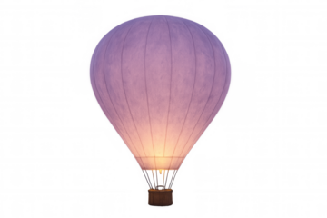 Purple hot air balloon with illuminated burner floating against a transparent background, ready for compositing into various scenes