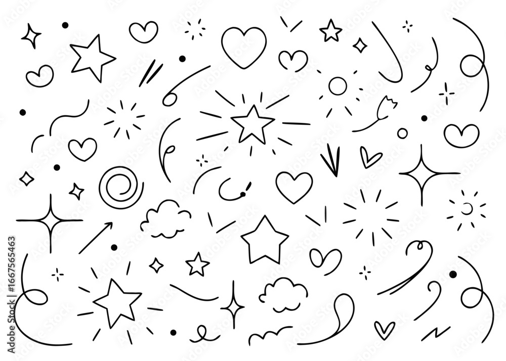 Poster hand drawn graphic elements featuring a directional pointer a celestial star a romantic heart symbol