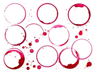 Red Wine Stains and Splatters on White Background.