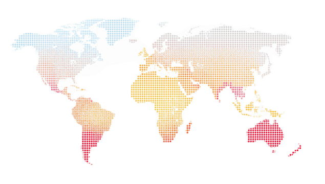 A world map with a gradient of pastel colors, illustrating a possible temperature or climate pattern across different regions.