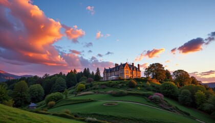 Fototapeta premium Grand Estate on Hill at Sunset