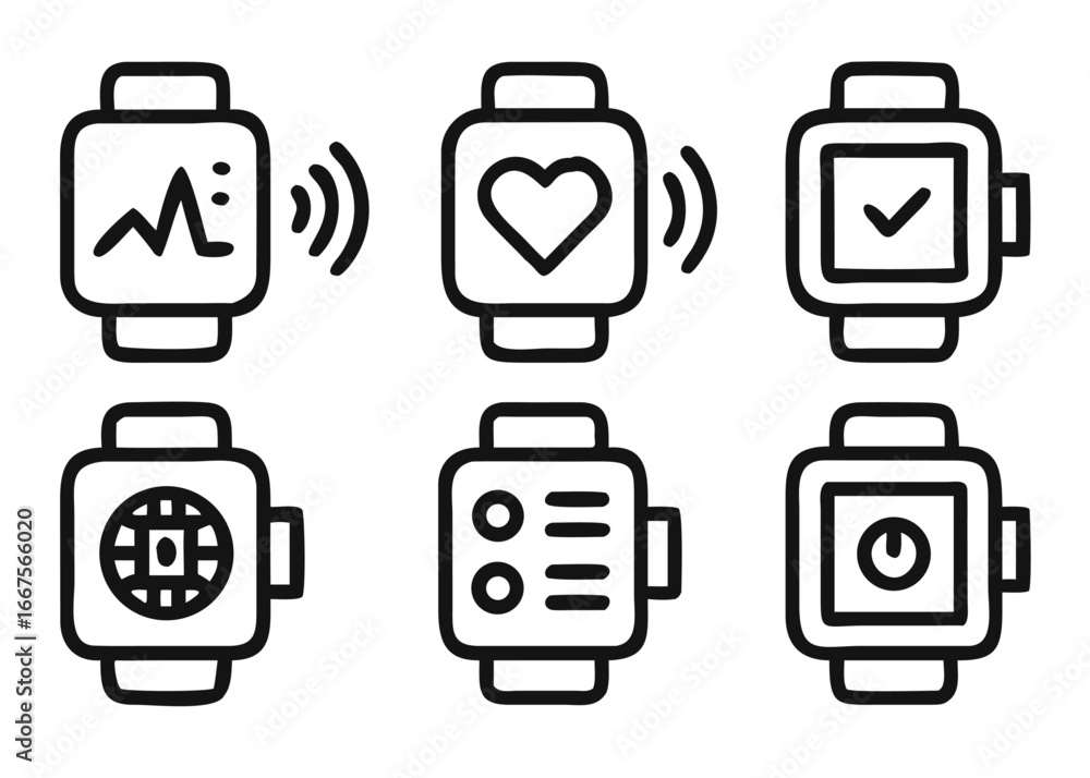 Poster modern smart watch interface elements collection featuring adjustable line weight and vibrant color 
