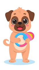 A cute cartoon pug puppy holding colorful toys