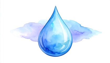 A single, large teardrop of water, rendered in watercolor, sits atop a light purple cloud-like watercolor wash