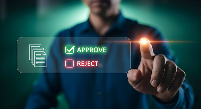 Businessman selecting Approve on digital document, modern technology concept for business success