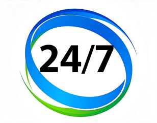 Abstract circular design featuring "24/7" in bold font, encircled by blue and green swirls
