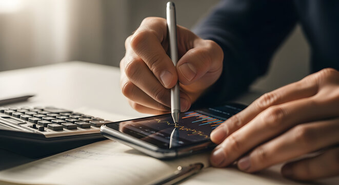 Financial analysis professional using smartphone to track stock market trends and data