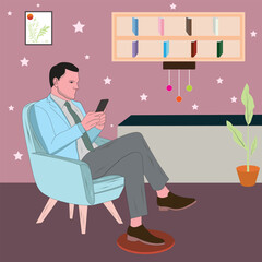 A Vector illustration of a businessman relaxing indoors with a smartphone
