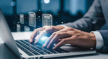Businessman managing invoices with laptop, modern technology for efficient accounting and finance