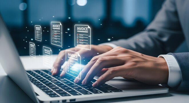 Businessman managing invoices with laptop, modern technology for efficient accounting and finance - Powered by Adobe