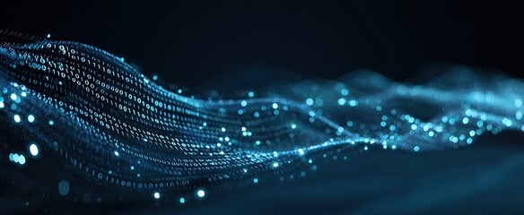 Abstract digital wave of light-blue particles flowing across a dark background.  Light-blue particles create a wavy pattern reminiscent of flowing data or energy.