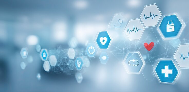 Abstract medical technology graphic. A soft-focus, light-blue background features interconnected, translucent hexagonal shapes. - Powered by Adobe