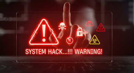 Urgent cybersecurity warning with system hack alert and danger signs for security awareness campaign