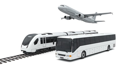 Modern airplane train and bus transportation modes isolated on white background