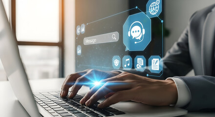 Modern professional using AI chatbot support for communication and customer service solutions on laptop