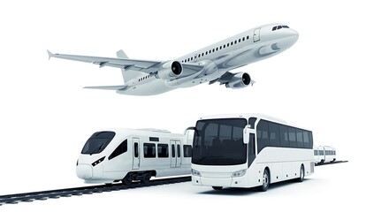 Modern transportation modes including airplane train and bus on white background