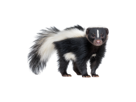 A playful skunk with distinctive markings and a curious expression


