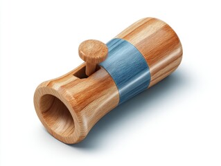 Wooden Object with Blue Band and Round Top on White Background