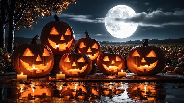 Illuminated carved pumpkins with smiling faces at night with full moon