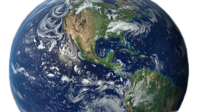 Earth globe showing North and South America with cloud cover, isolated on a white background.