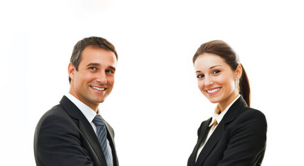 Standing side by side, the business man and woman convey a strong sense of professionalism and balanced partnership with copy space white background.