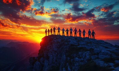 Dramatic silhouette image of business professionals in formal attire on mountaintop at sunrise sunset, marking achievement of new professional heights business goal success.