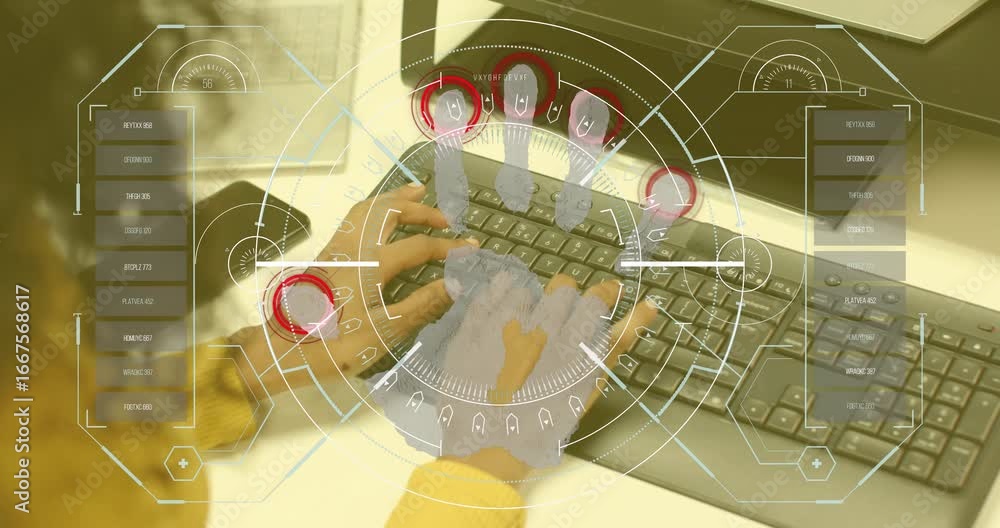 Fototapete office user starting typing on keyboard and activating hud fingerprint scan for security check
