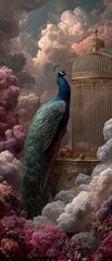Peacock in a gilded cage amidst clouds and flowers
