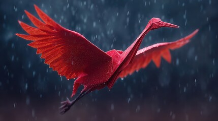 Red origami crane in flight, rain (1)
