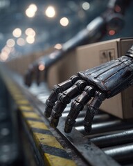Robotic hands sort boxes on a conveyor belt
