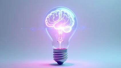 3D render of a futuristic glowing light bulb with neon filaments in the shape of a brain, symbolizing creativity and innovation, isolated on a plain white background.