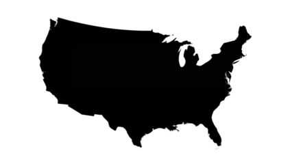 Simple black silhouette map of the United States of America.