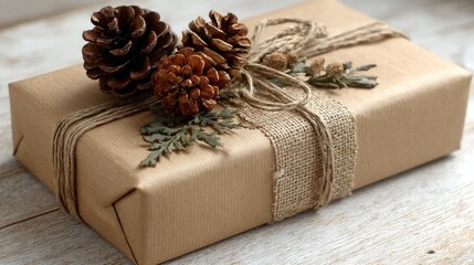 Gift box adorned with pinecones and twine