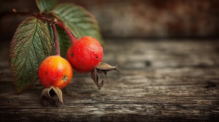 Two vibrant rose hips on weathered wood