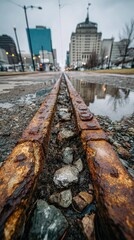 Rusty train tracks, urban perspective