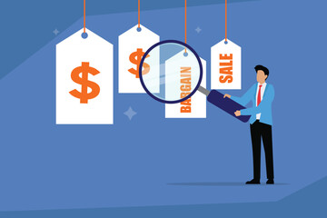A businessman using a magnifying glass to inspect price tags, symbolizing the concept of bargain hunting, shopping for a sale, and finding the best price 2d flat vector illustration