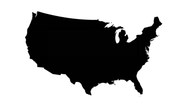 Simple black silhouette map of the United States of America.