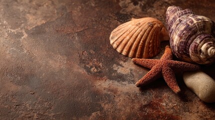 Seashells & starfish on dark stone