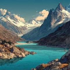 Alpine lake nestled amongst snow-capped peaks