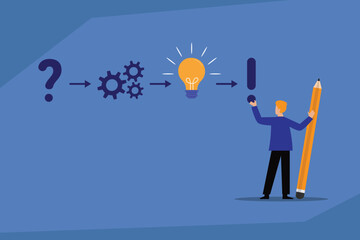 A man with a giant pencil standing next to a process of a question mark becoming an exclamation point, symbolizing a successful creative process and problem-solving journey 2d flat vector illustration