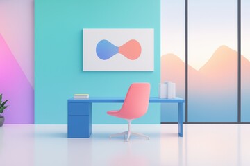 オフィスルームの3Dレンダリングイメージ、デスクと椅子のある明るいミニマルな空間