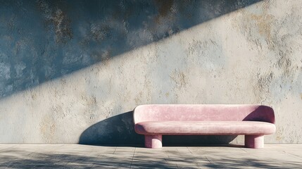 Pink couch against a textured, light-grey wall. Sunlight casts a shadow