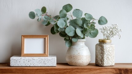Wooden shelf with eucalyptus, vase, and frame