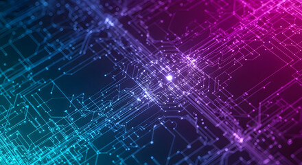 Obraz premium Abstract Circuit Board Design with Glowing Connections and Vibrant Colors.