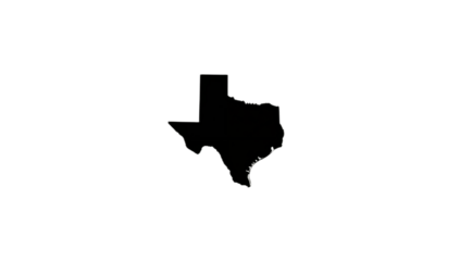 Black silhouette of the state of Texas centered on a white background.