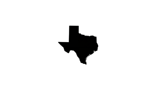 Black silhouette of the state of Texas centered on a white background.
