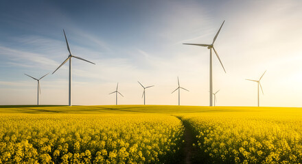 Wind Turbines in Golden Yellow Canola Field at Sunset Generating Clean Renewable Energy.