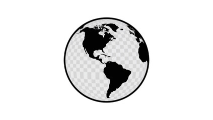 A simplified black and white illustration of planet Earth, showing continents.